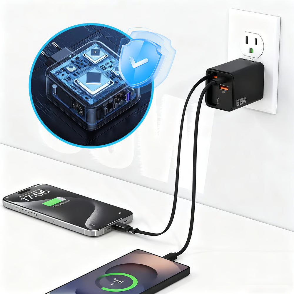 65W 3-i-1 hurtiglader med uttrekkbar kabel