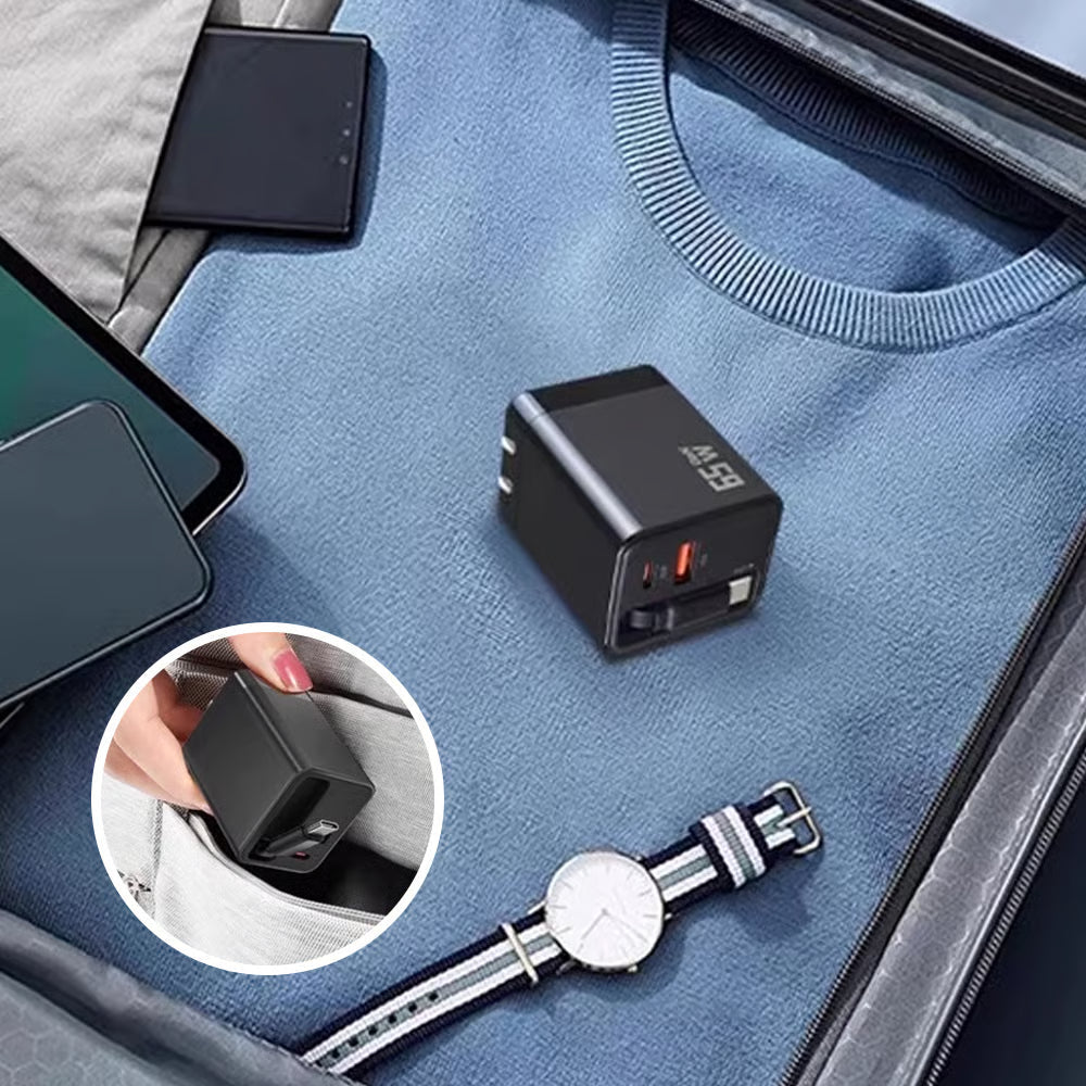 65W 3-i-1 hurtiglader med uttrekkbar kabel