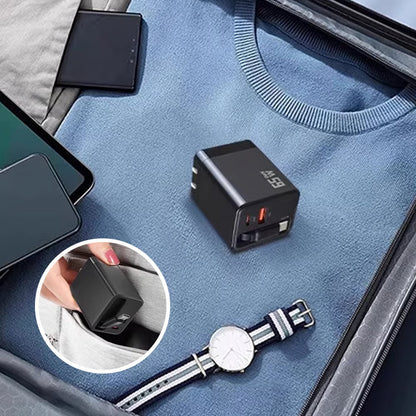 65W 3-i-1 hurtiglader med uttrekkbar kabel