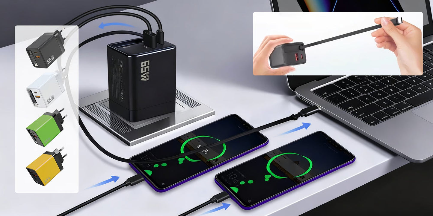 65W 3-i-1 hurtiglader med uttrekkbar kabel