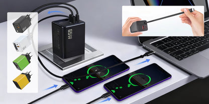 65W 3-i-1 hurtiglader med uttrekkbar kabel