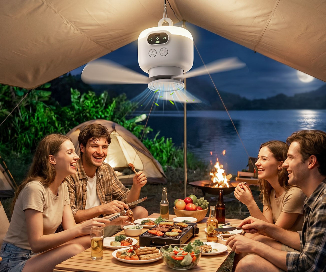 Bærbar campingvifte med LED-belysning og fjernkontroll
