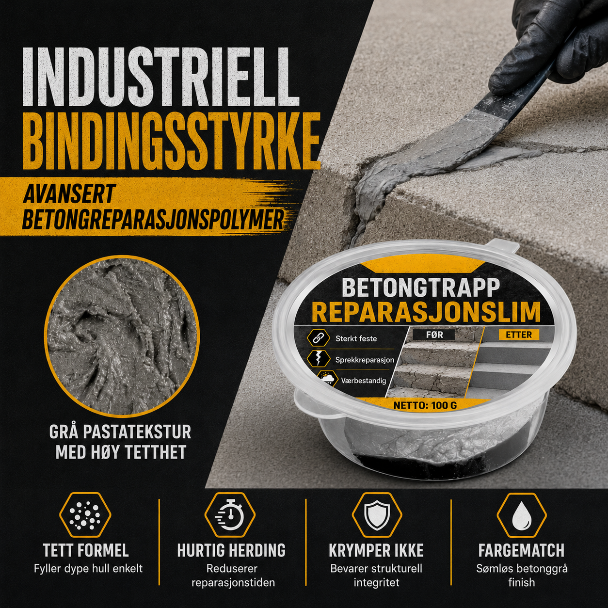 Betonglim for trappereparasjon – Perfekt for trapper, innkjørsler og terrasser