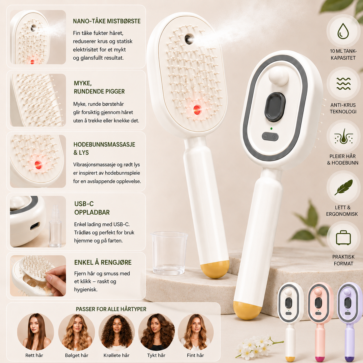MistBrush – Elektrisk spraybørste med nanomist, hodebunnsmassasje og anti-frizz-teknologi for mykere og mer glansfullt hår