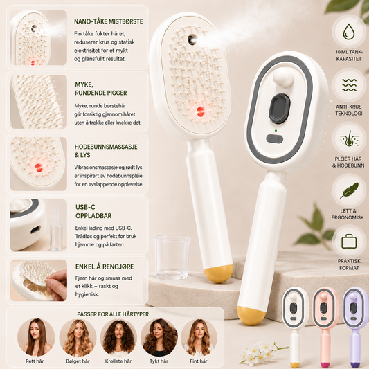 MistBrush – Elektrisk spraybørste med nanomist, hodebunnsmassasje og anti-frizz-teknologi for mykere og mer glansfullt hår