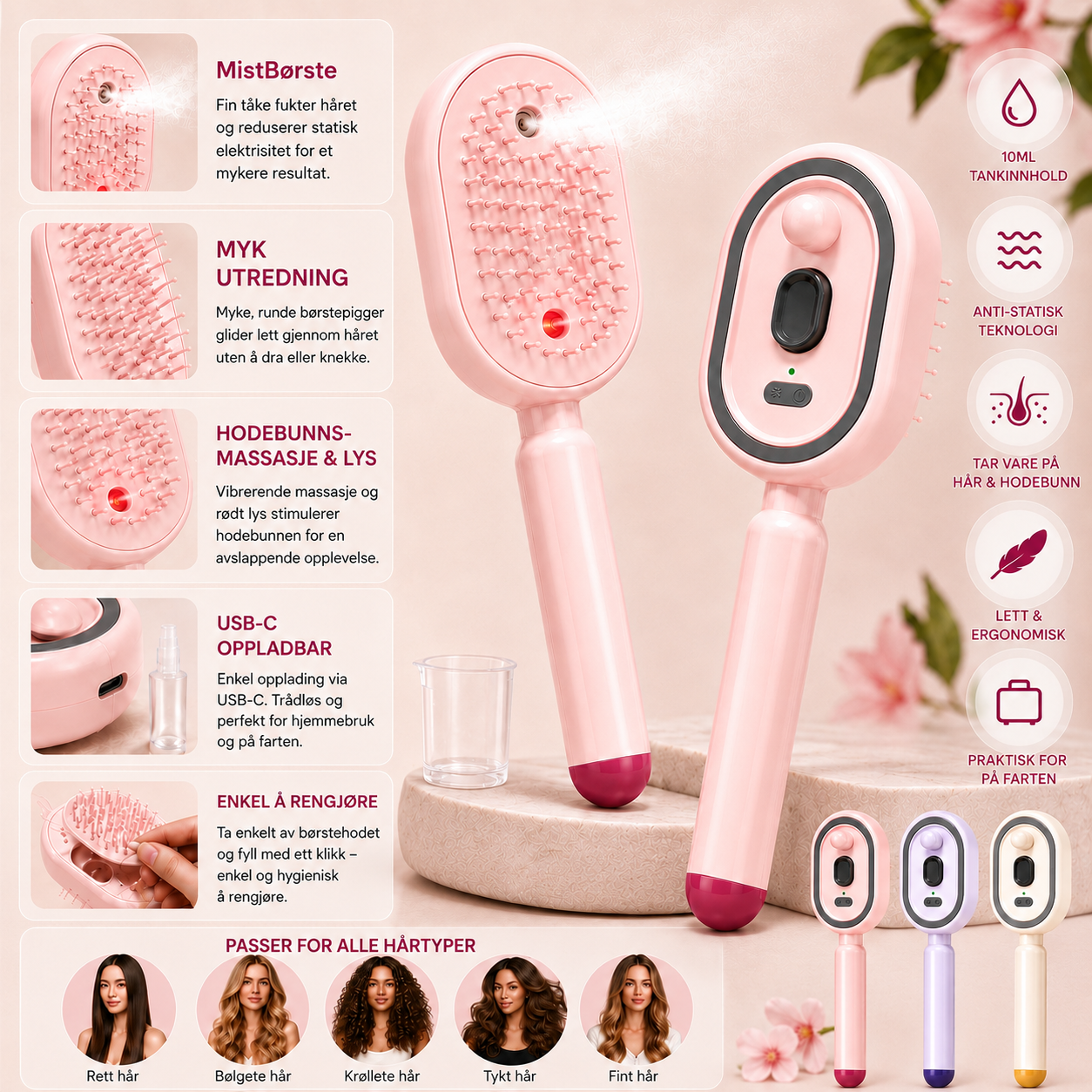 MistBrush – Elektrisk spraybørste med nanomist, hodebunnsmassasje og anti-frizz-teknologi for mykere og mer glansfullt hår