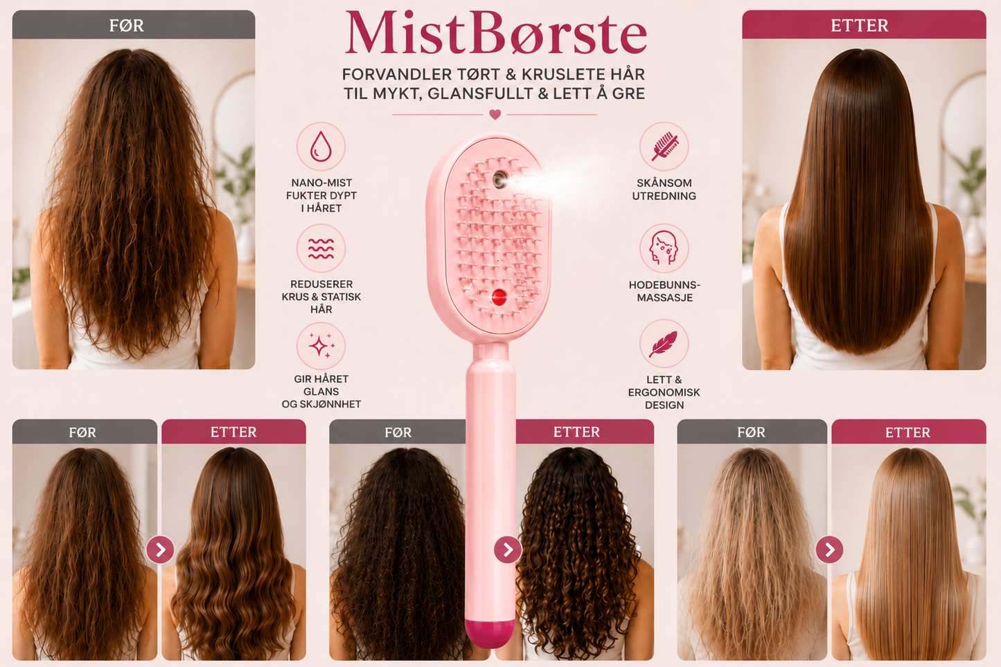 MistBrush – Elektrisk spraybørste med nanomist, hodebunnsmassasje og anti-frizz-teknologi for mykere og mer glansfullt hår