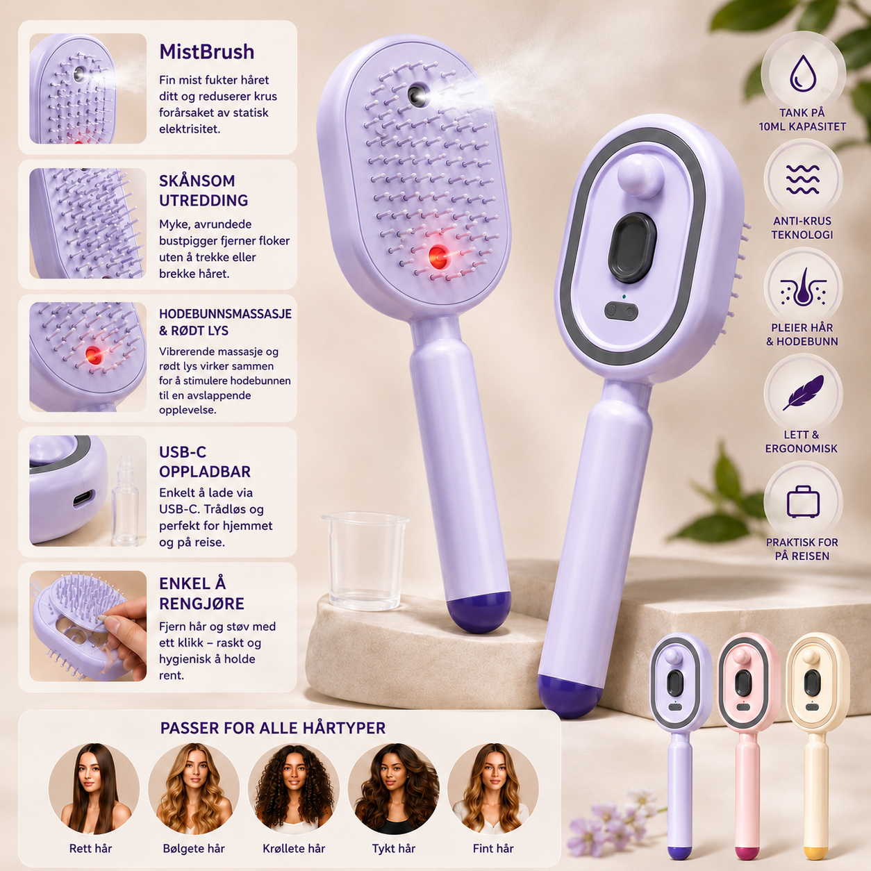 MistBrush – Elektrisk spraybørste med nanomist, hodebunnsmassasje og anti-frizz-teknologi for mykere og mer glansfullt hår