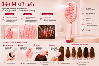 MistBrush – Elektrisk spraybørste med nanomist, hodebunnsmassasje og anti-frizz-teknologi for mykere og mer glansfullt hår