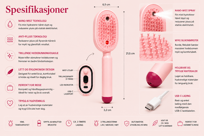 MistBrush – Elektrisk spraybørste med nanomist, hodebunnsmassasje og anti-frizz-teknologi for mykere og mer glansfullt hår