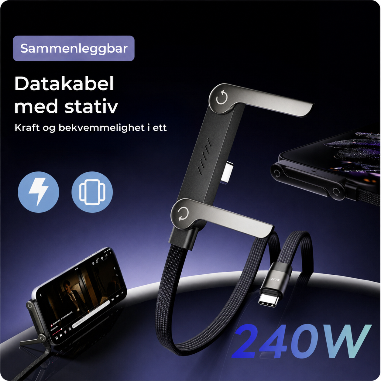 2-i-1 ladekabel med stativ