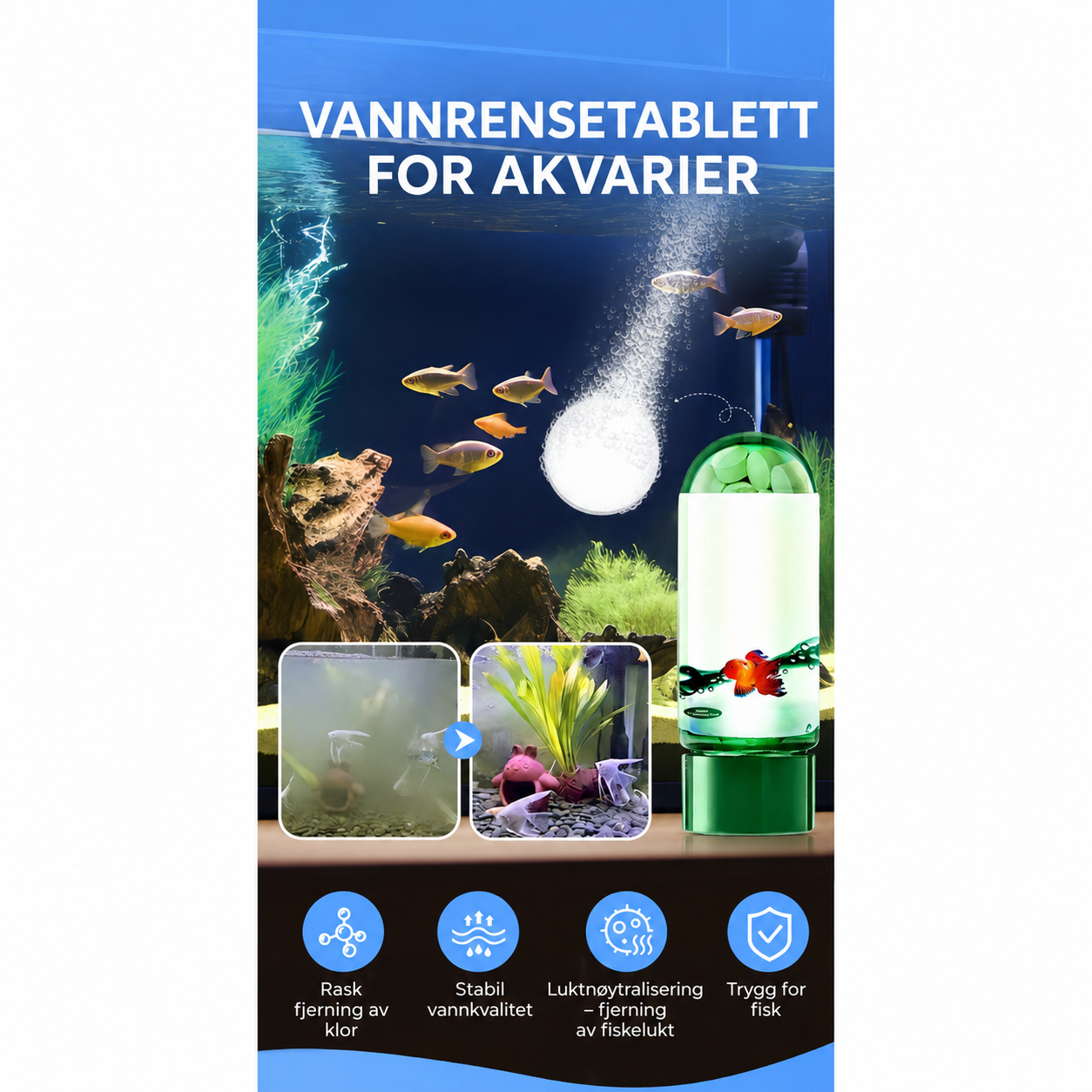 Vannrensetabletter for akvarier