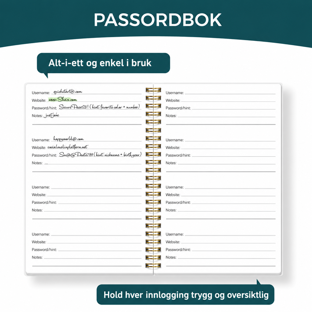 Morsom passordbok / passordorganisator