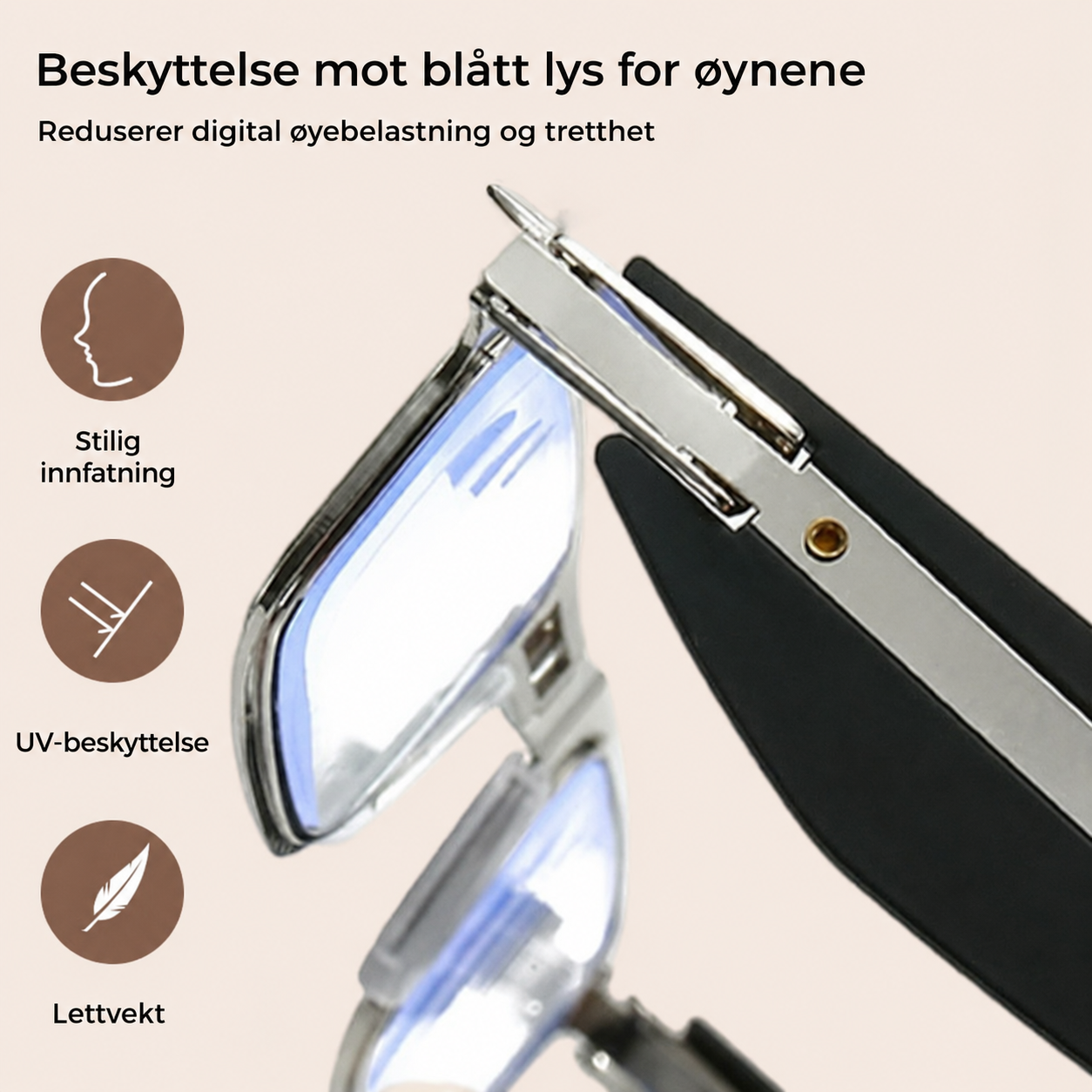 Sammenleggbare lesebriller med blålysfilter og etui