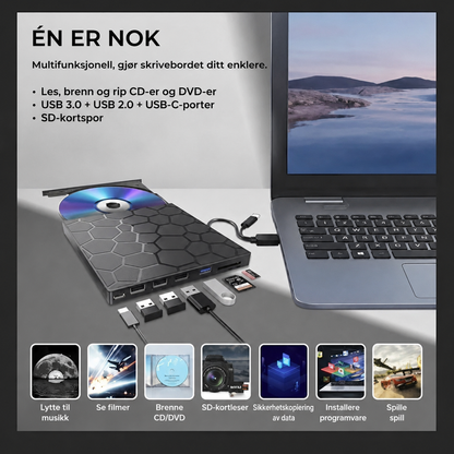 8-i-1 ekstern CD/DVD-spiller – spill av, brenn og lagre filmer, musikk og bilder