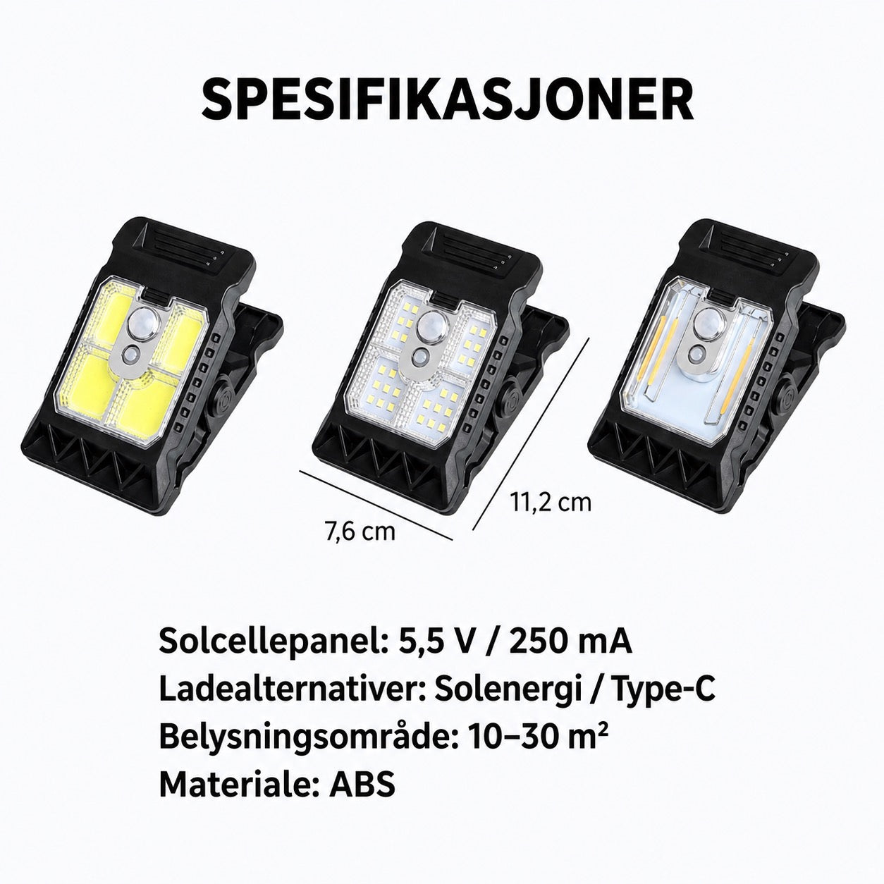 Solcelledrevet utelampe med bevegelsessensor og klipsfeste