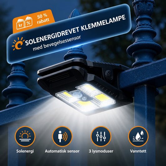 Solcelledrevet utelampe med bevegelsessensor og klipsfeste