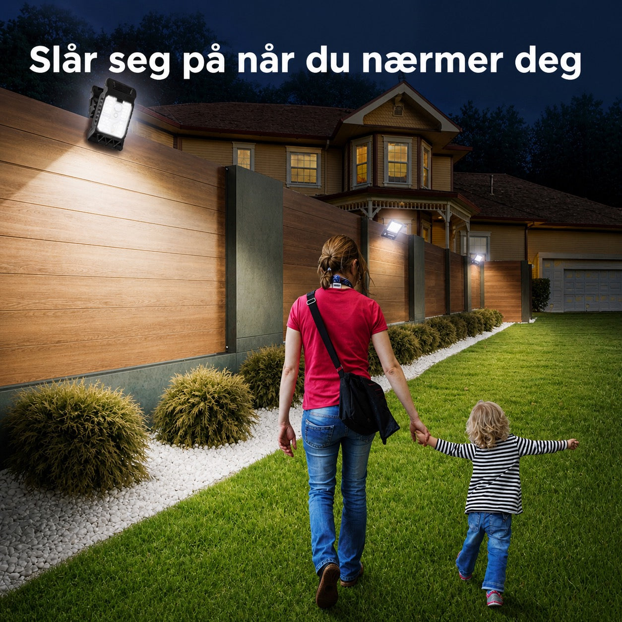 Solcelledrevet utelampe med bevegelsessensor og klipsfeste