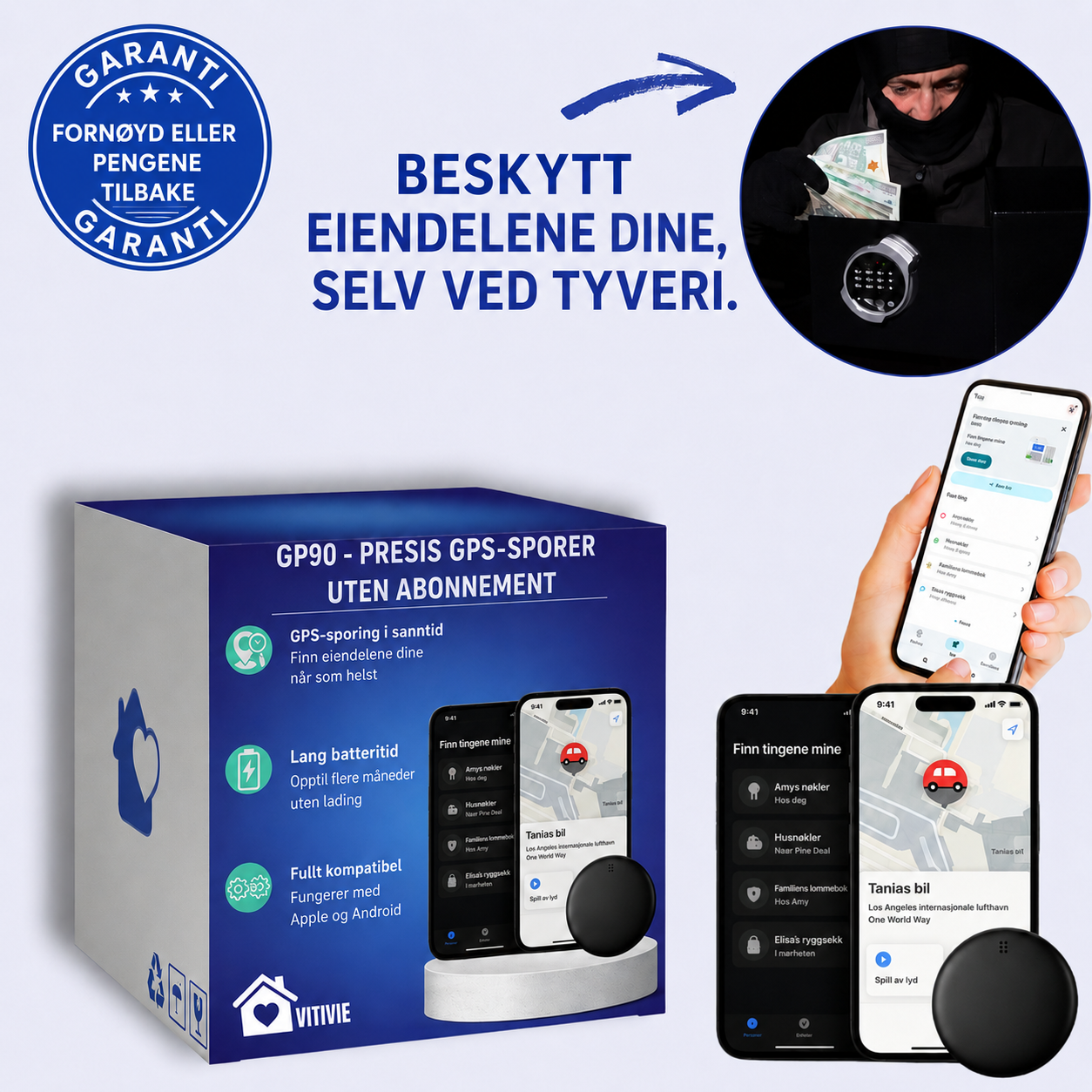 GP90 - Nøyaktig GPS-Tracker uten Abonnement (Android/Apple)