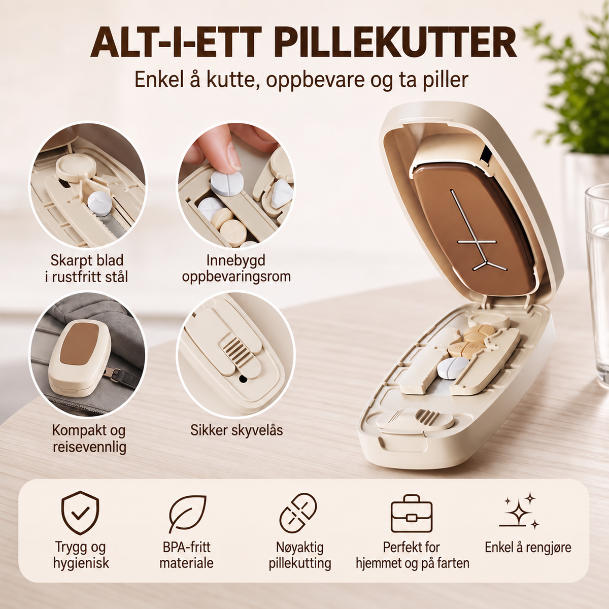 Bærbar pilledeler – kutter tabletter nøyaktig, kompakt design for reise og hjemmebruk
