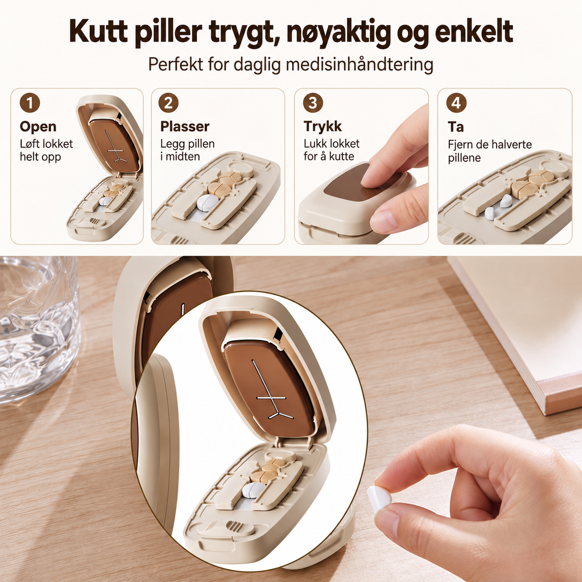 Bærbar pilledeler – kutter tabletter nøyaktig, kompakt design for reise og hjemmebruk