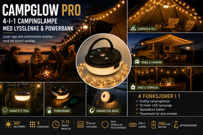 4-i-1 – Oppladbar campinglampe med lysslynge og powerbank