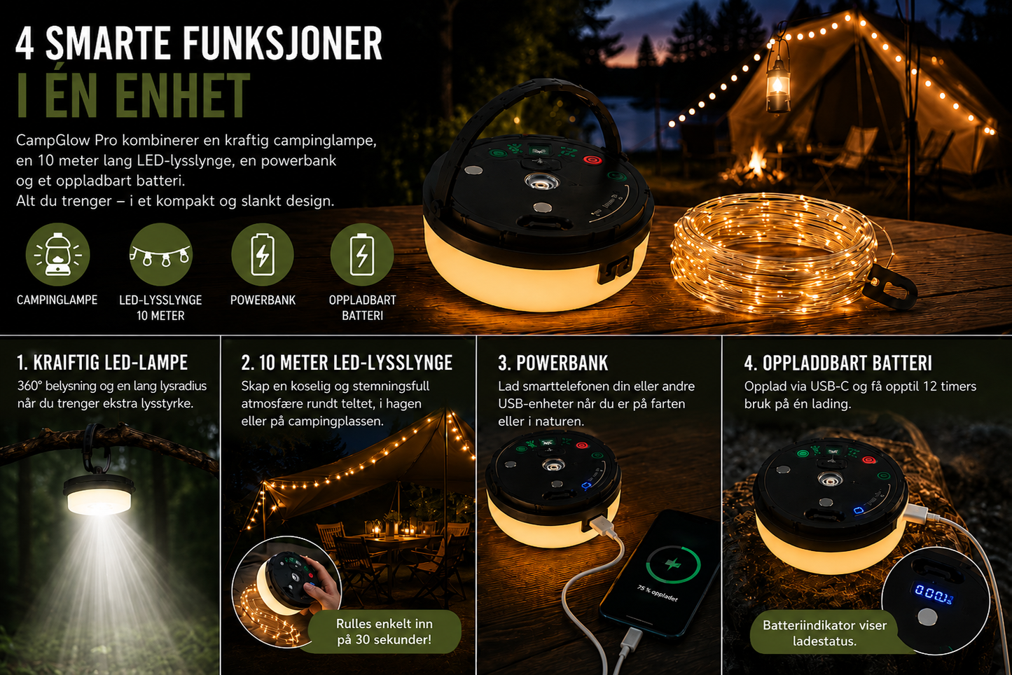 4-i-1 – Oppladbar campinglampe med lysslynge og powerbank