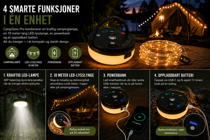 4-i-1 – Oppladbar campinglampe med lysslynge og powerbank