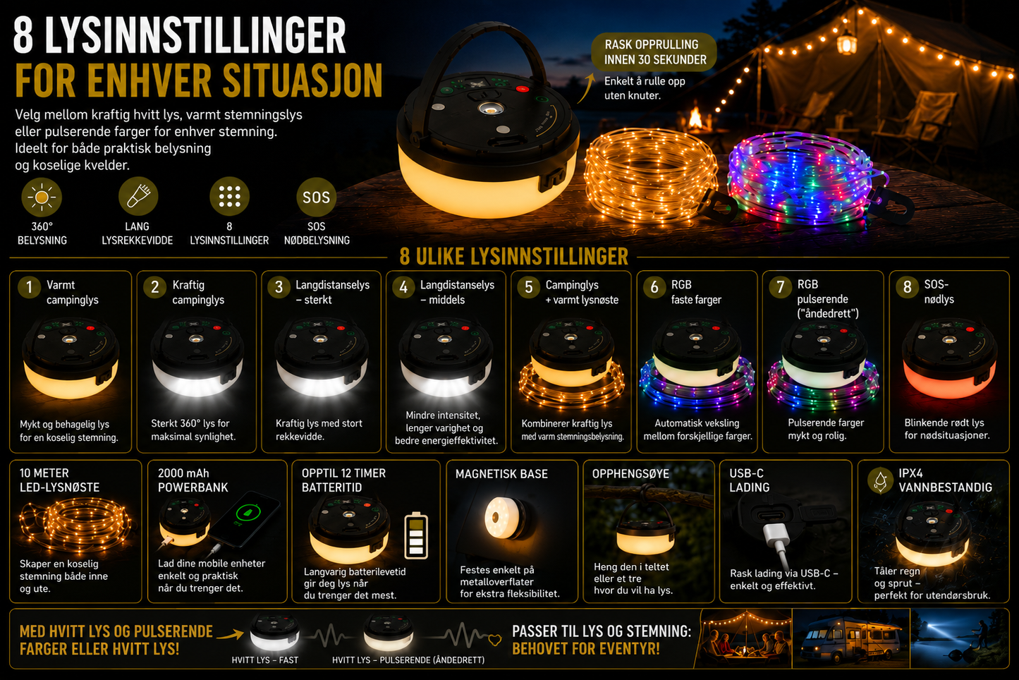 4-i-1 – Oppladbar campinglampe med lysslynge og powerbank