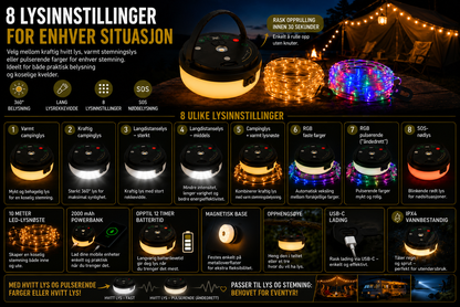 4-i-1 – Oppladbar campinglampe med lysslynge og powerbank