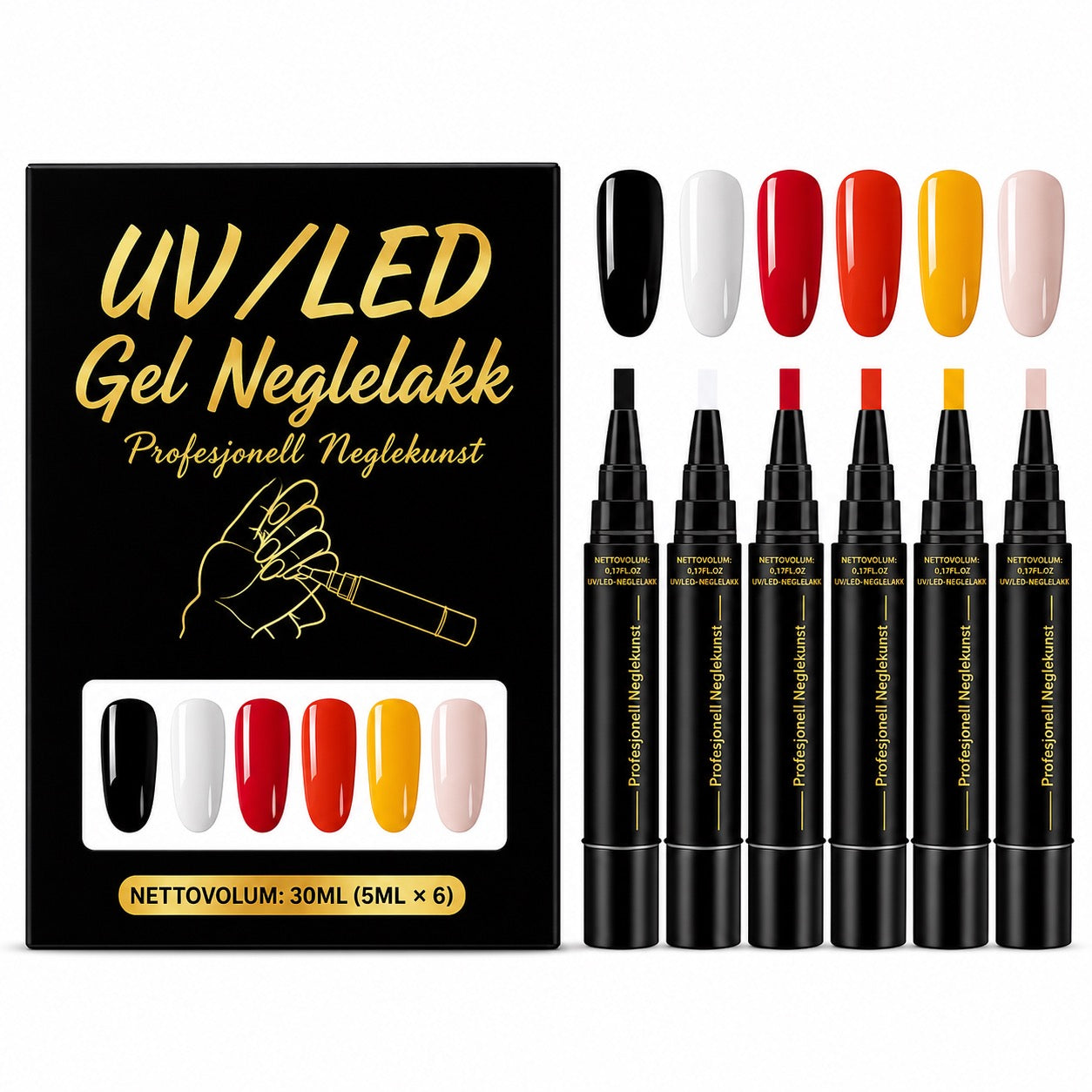 SalonPen – 3-i-1 gelpenn for negler med UV-lampe (pakke med 6 stk.)
