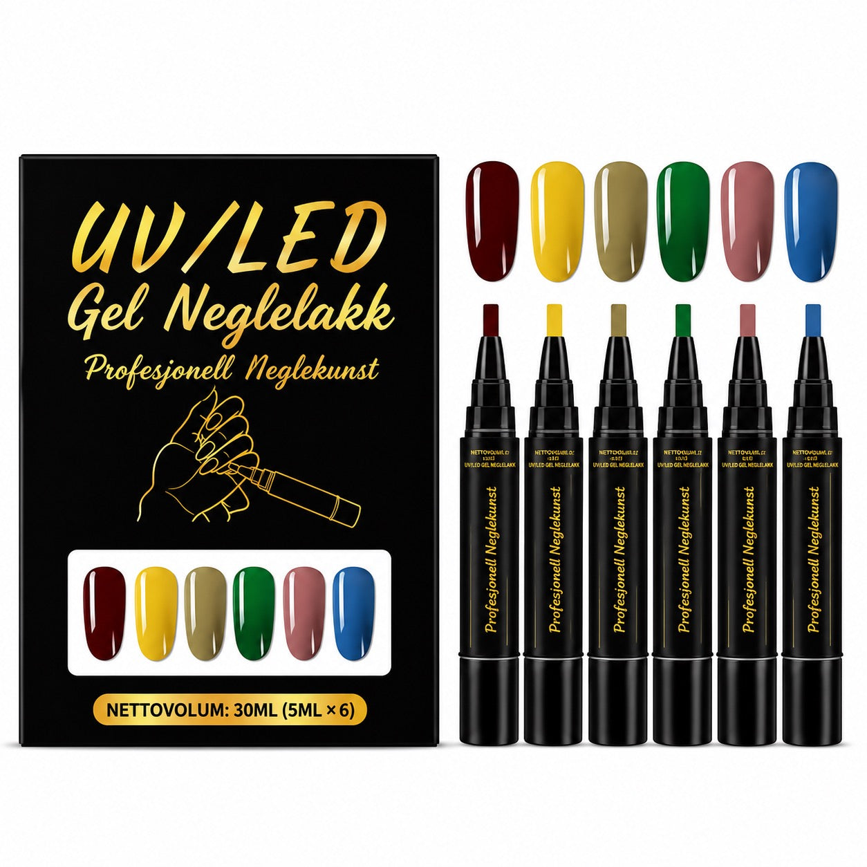 SalonPen – 3-i-1 gelpenn for negler med UV-lampe (pakke med 6 stk.)
