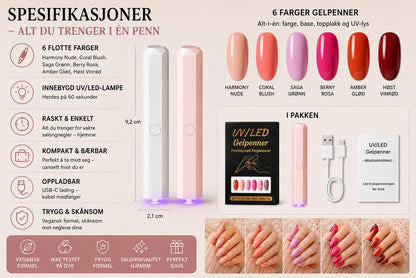 SalonPen – 3-i-1 gelpenn for negler med UV-lampe (pakke med 6 stk.)