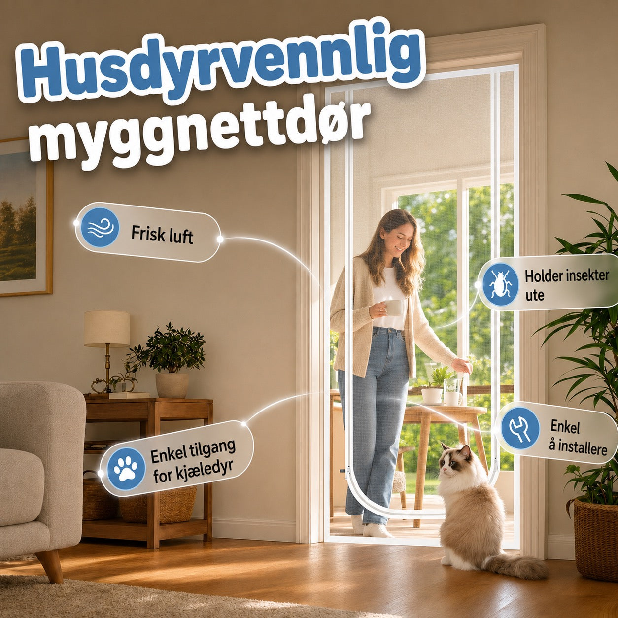 Myggnettingdør med glidelås – slitesterkt stoff som motstår riper, holder katter og hunder trygt inne eller ute, perfekt for varme dager og frisk luft