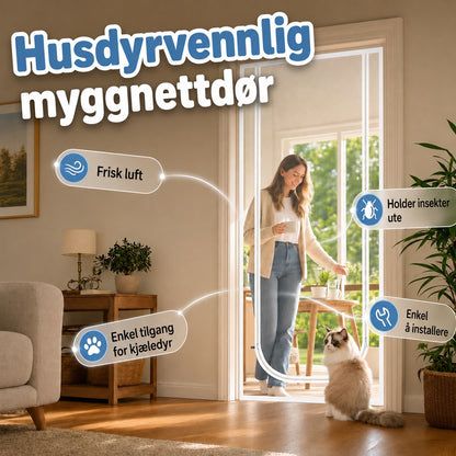 Myggnettingdør med glidelås – slitesterkt stoff som motstår riper, holder katter og hunder trygt inne eller ute, perfekt for varme dager og frisk luft