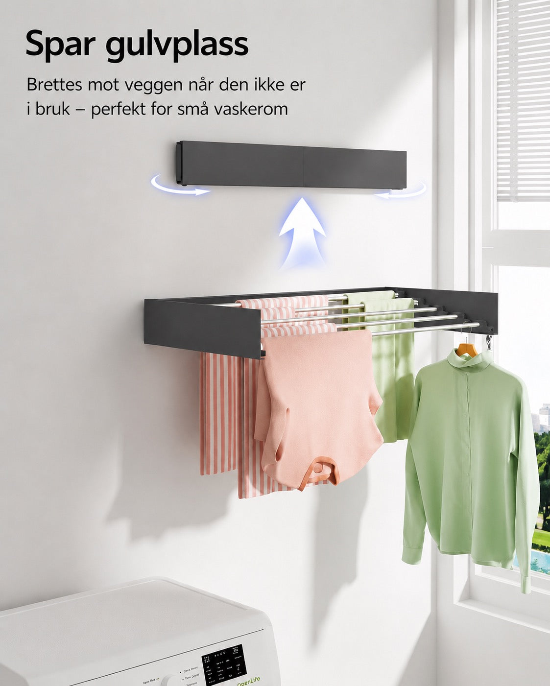 AirFold – Veggmontert tørkestativ (sammenleggbart og plassbesparende)