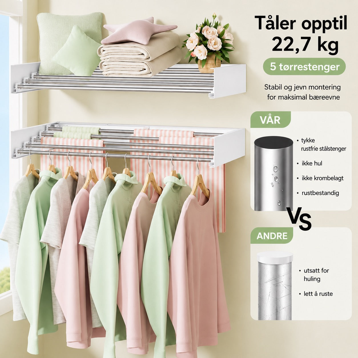 AirFold – Veggmontert tørkestativ (sammenleggbart og plassbesparende)