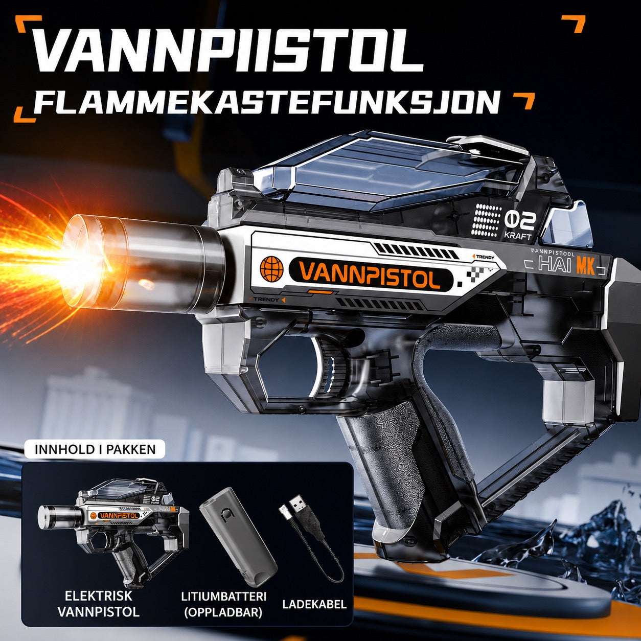 Elektrisk vannpistol med LED- og tåkeeffekter