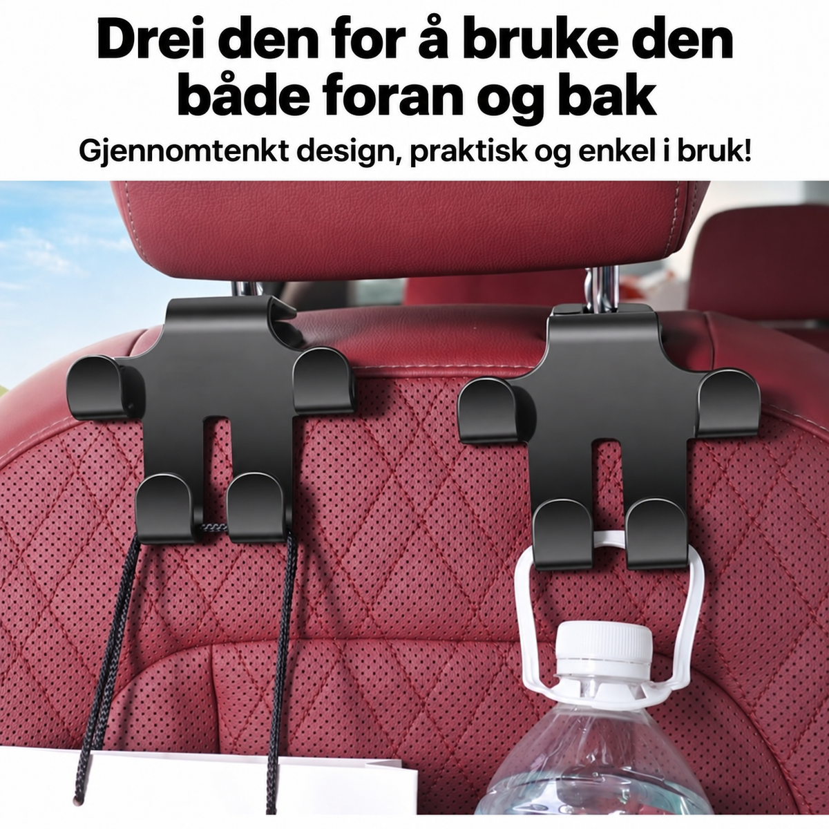 Nakkestøttekrok med Billogo (2 Stykker) — Solid, plassbesparende oppbevaring for vesker, handleposer og tilbehør
