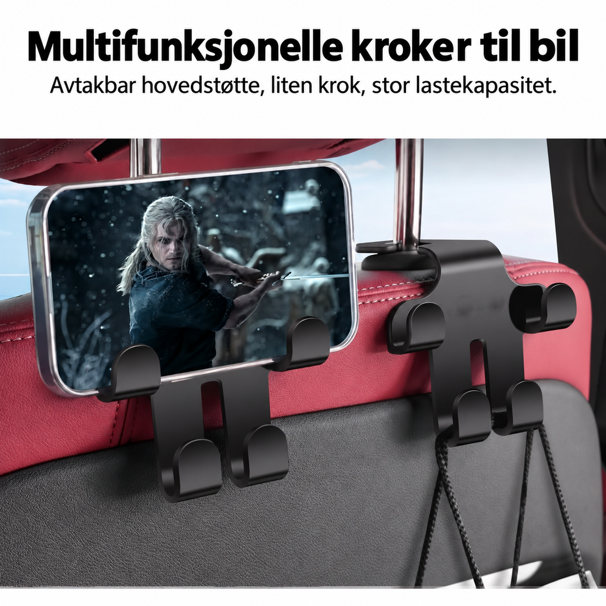 Nakkestøttekrok med Billogo (2 Stykker) — Solid, plassbesparende oppbevaring for vesker, handleposer og tilbehør