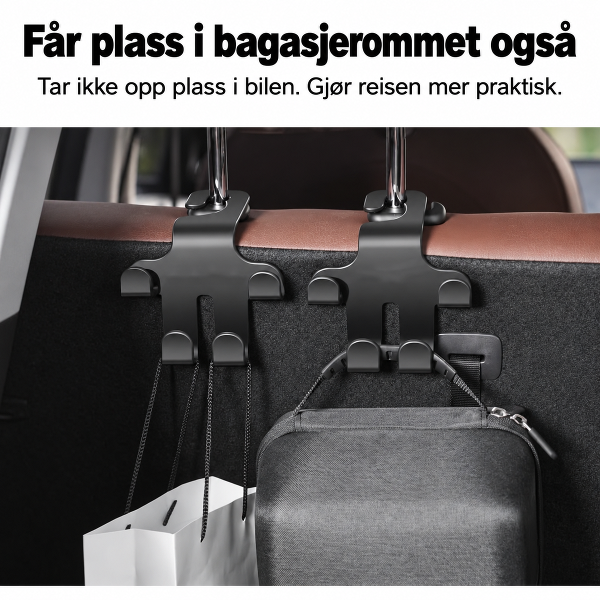 Nakkestøttekrok med Billogo (2 Stykker) — Solid, plassbesparende oppbevaring for vesker, handleposer og tilbehør