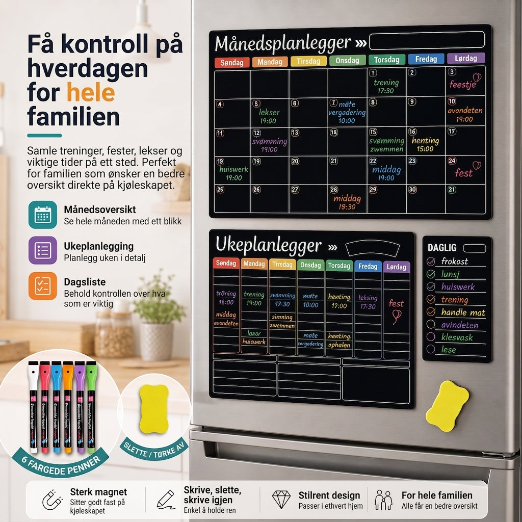 Magnetisk familieplanlegger – Måneds-, uke- og dagsoversikt