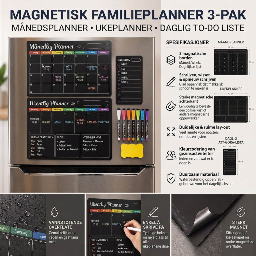 Magnetisk familieplanlegger – Måneds-, uke- og dagsoversikt