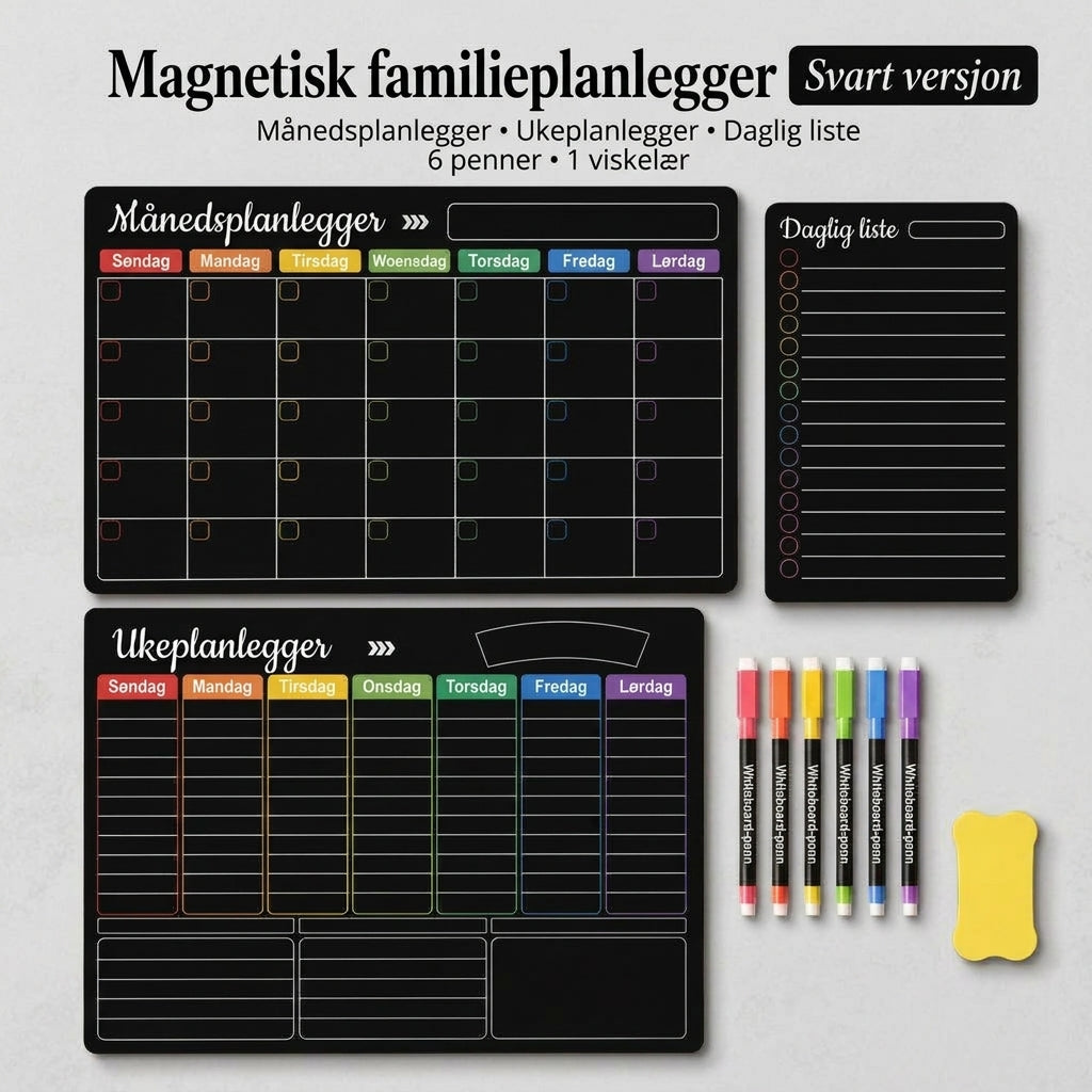 Magnetisk familieplanlegger – Måneds-, uke- og dagsoversikt