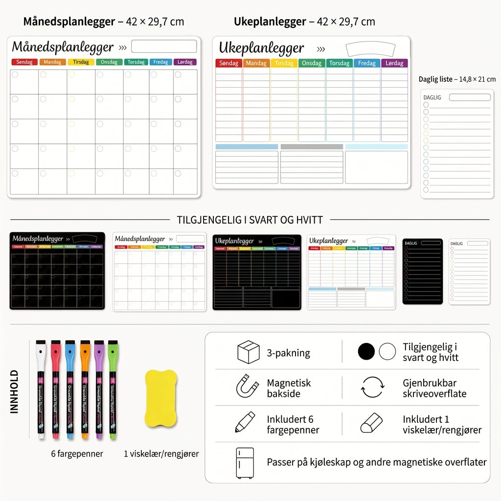 Magnetisk familieplanlegger – Måneds-, uke- og dagsoversikt