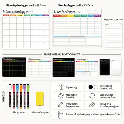 Magnetisk familieplanlegger – Måneds-, uke- og dagsoversikt