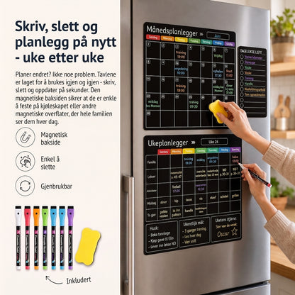 Magnetisk familieplanlegger – Måneds-, uke- og dagsoversikt