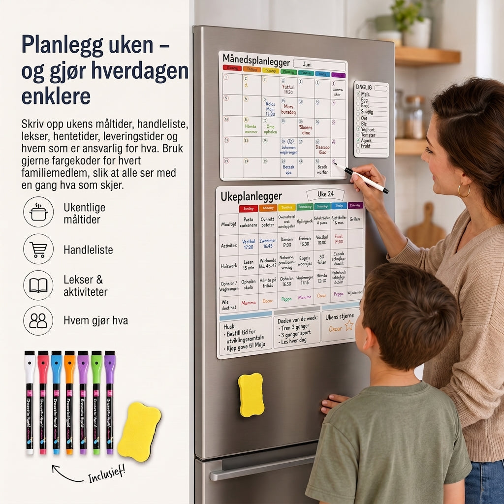 Magnetisk familieplanlegger – Måneds-, uke- og dagsoversikt