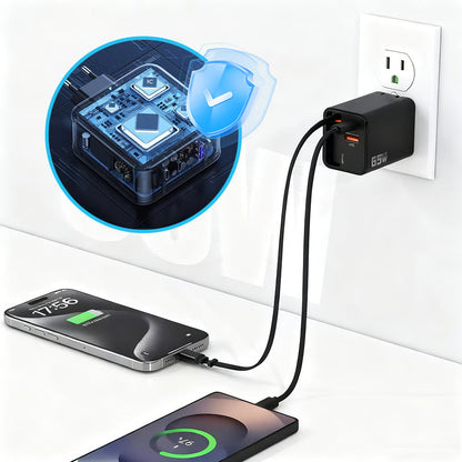 65W 3-i-1 hurtiglader med uttrekkbar kabel
