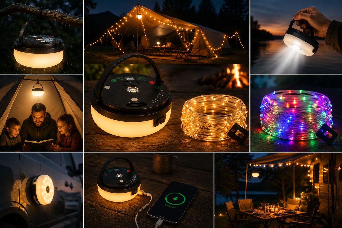 4-i-1 – Oppladbar campinglampe med lysslynge og powerbank